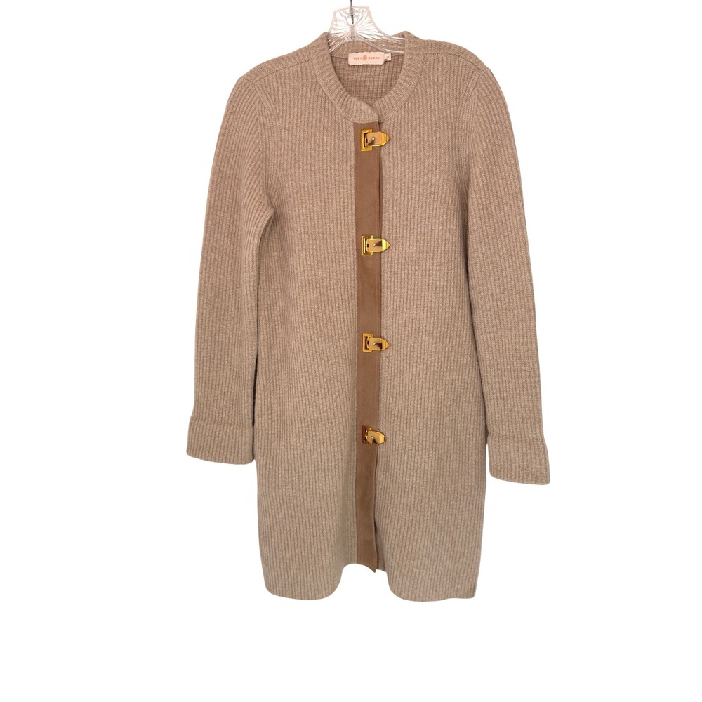 Tory Burch Rory Sweater Coat Tan Beige Cable Knit Classy Cardigan Coat Small